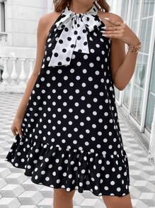 SHEIN Unity Plus Polka Dot Tie Neck Ruffle Hem Dress - Black and White - View 4