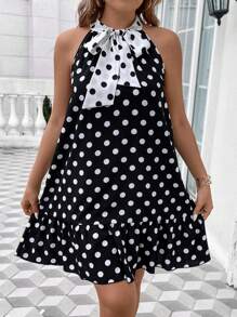 SHEIN Unity Plus Polka Dot Tie Neck Ruffle Hem Dress - Black and White - View 5