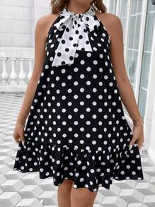 SHEIN Unity Plus Polka Dot Tie Neck Ruffle Hem Dress - Black and White - View 1
