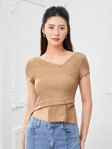 SHEINNeu 素色V領不對稱下擺T恤 - 摩卡棕 - 查看 1