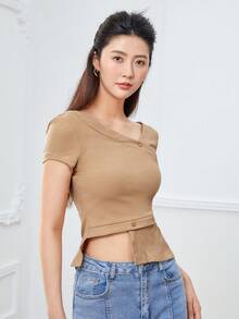 SHEINNeu 素色V領不對稱下擺T恤 - 摩卡棕 - 查看 5