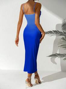 SHEIN Privé Ombre Draped Collar Slit Thigh Cami Dress - Blue - View 2