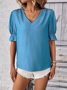 SHEIN Clasi Solid Puff Sleeve V Neck Blouse - Blue - View 3