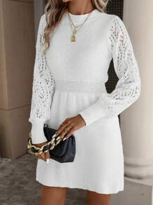 SHEIN Clasi 燈籠袖毛衣裙 - 米色 - 查看 3