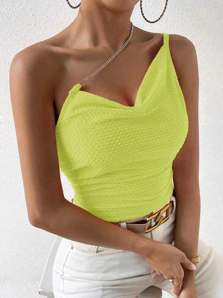 Zolique Chain Detail One Shoulder Ruched Top - Yellow - View 3