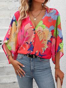SHEIN Essnce Floral Print Button Front Blouse - Multicolor - View 2