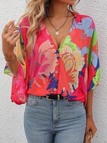 SHEIN Essnce Floral Print Button Front Blouse - Multicolor - View 4