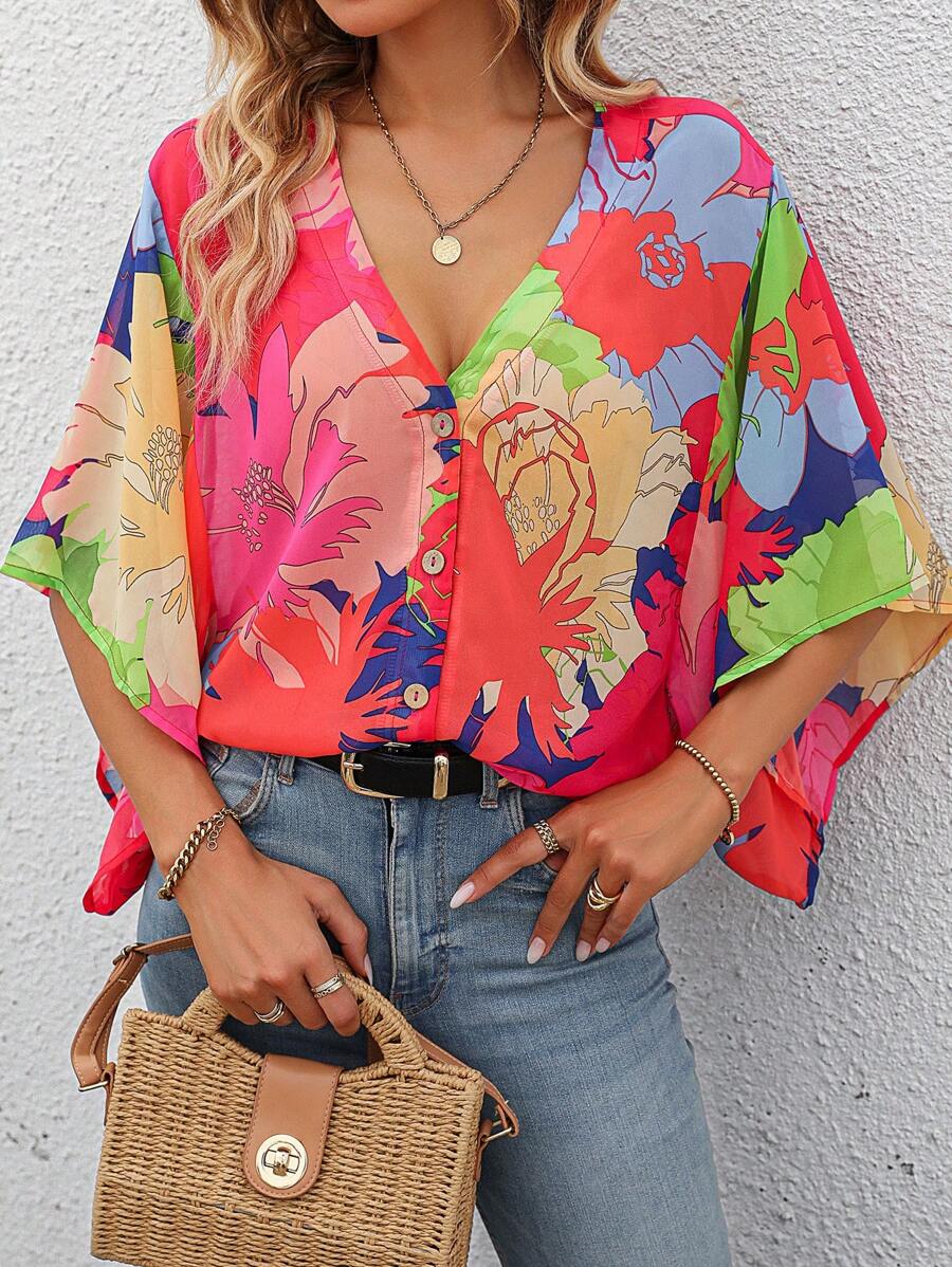 SHEIN Essnce Floral Print Button Front Blouse - Multicolor - View 1