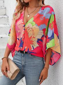 SHEIN Essnce Floral Print Button Front Blouse - Multicolor - View 5