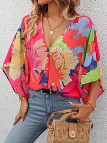 SHEIN Essnce Floral Print Button Front Blouse - Multicolor - View 6