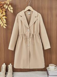SHEIN Cô gái Tween Cổ áo Eo dây rút Áo khoác Trench - Màu Khaki - Xem 1