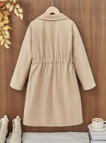 SHEIN Cô gái Tween Cổ áo Eo dây rút Áo khoác Trench - Màu Khaki - Xem 2