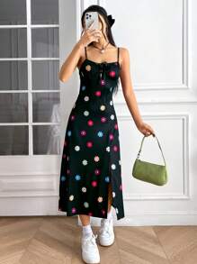 Soleia In hoa Nút phía trước Tách đùi Váy Dây - màu đen - Xem 2