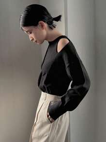 DAZY Chất rắn Cắt ra Thả vai Áo len - màu đen - Xem 1