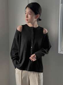 DAZY Chất rắn Cắt ra Thả vai Áo len - màu đen - Xem 3
