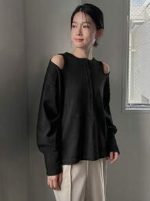 DAZY Chất rắn Cắt ra Thả vai Áo len - màu đen - Xem 4