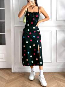 Soleia In hoa Nút phía trước Tách đùi Váy Dây - màu đen - Xem 6