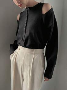 DAZY Chất rắn Cắt ra Thả vai Áo len - màu đen - Xem 5