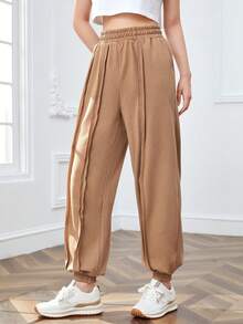 SHEINNeu Solid Slant Pocket Joggers - Camel - View 3