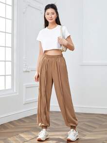 SHEINNeu Solid Slant Pocket Joggers - Camel - View 4