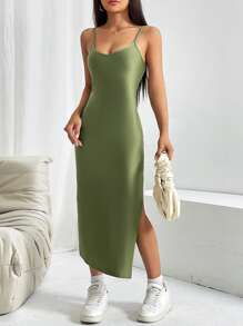 SHEIN EZwear 素色下擺開叉吊帶連衣裙