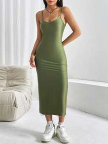 SHEIN EZwear 素色下擺開叉吊帶連衣裙