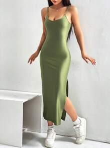 SHEIN EZwear 素色下擺開叉吊帶連衣裙