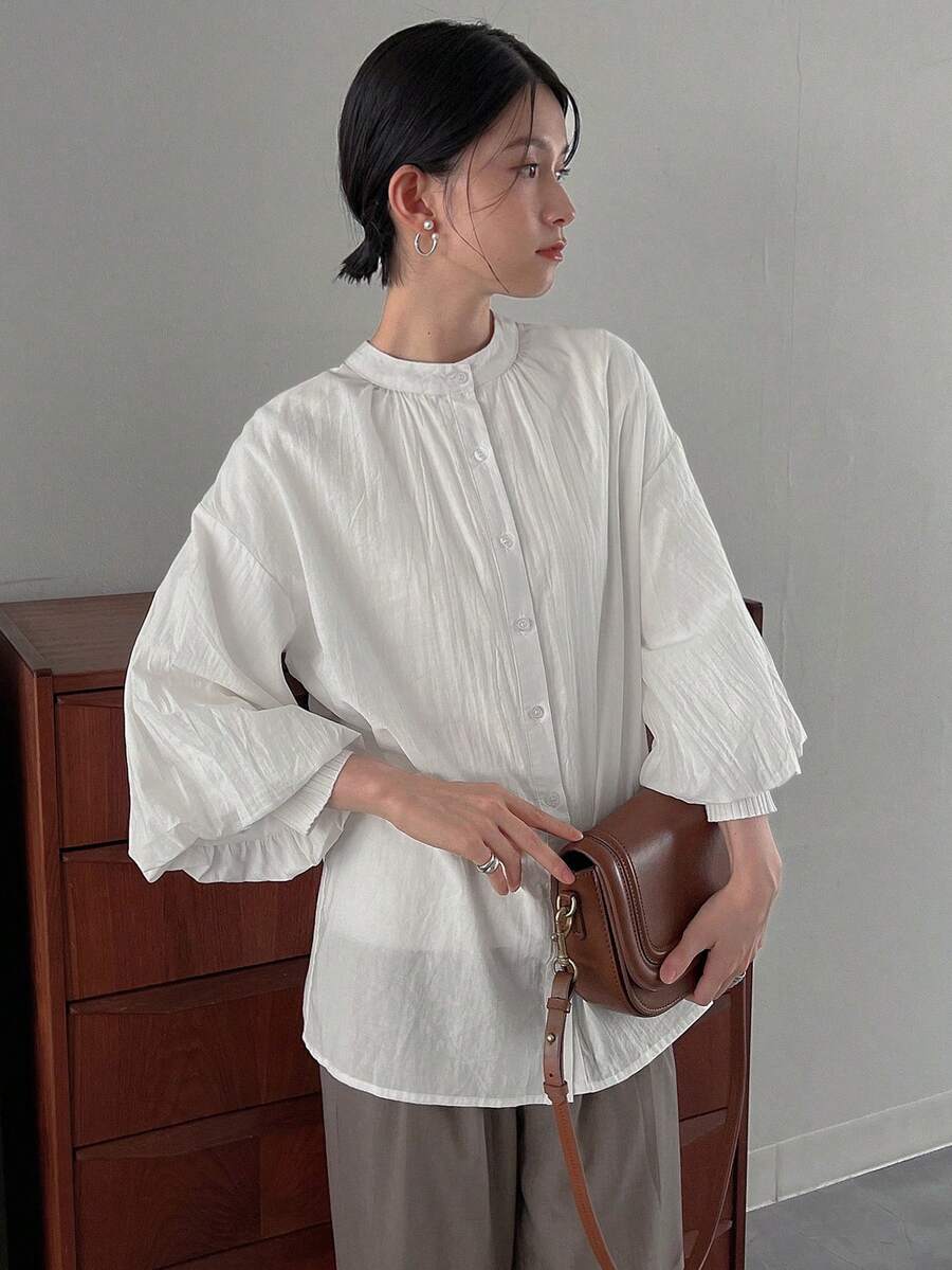 DAZY 素色前紐扣燈籠袖襯衫 - 白色 - 查看 1