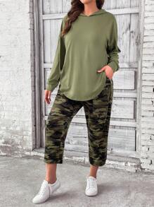 SHEIN LUNE Plus Drop Shoulder Hoodie & Camo Print Trousers - Army Green - View 3