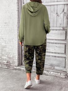 SHEIN LUNE Plus Drop Shoulder Hoodie & Camo Print Trousers - Army Green - View 2