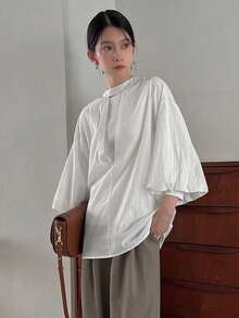 DAZY 素色前紐扣燈籠袖襯衫 - 白色 - 查看 3