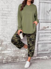 SHEIN LUNE Plus Drop Shoulder Hoodie & Camo Print Trousers - Army Green - View 4