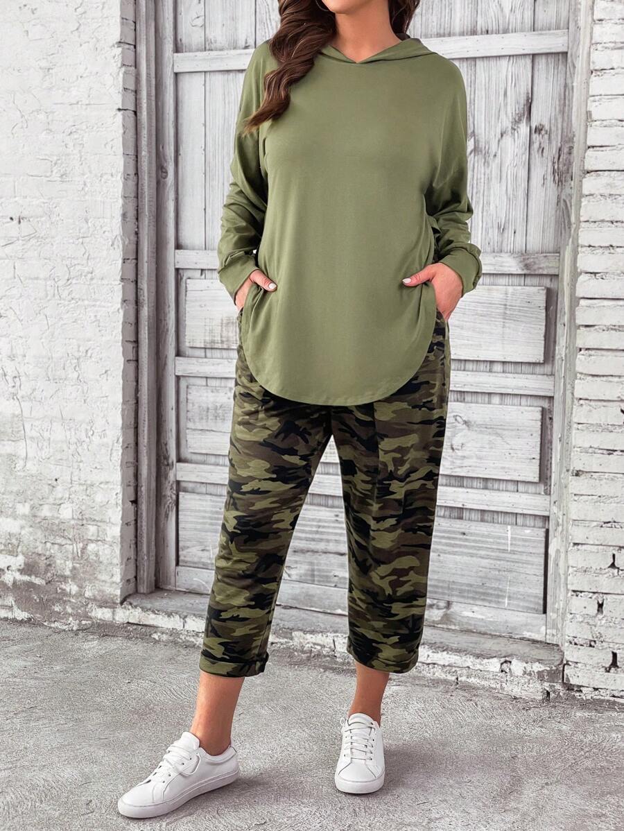 SHEIN LUNE Plus Drop Shoulder Hoodie & Camo Print Trousers - Army Green - View 1