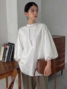 DAZY 素色前紐扣燈籠袖襯衫 - 白色 - 查看 4