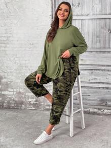 SHEIN LUNE Plus Drop Shoulder Hoodie & Camo Print Trousers - Army Green - View 5