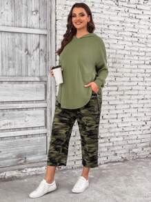 SHEIN LUNE Plus Drop Shoulder Hoodie & Camo Print Trousers - Army Green - View 6