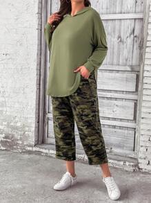 SHEIN LUNE Plus Drop Shoulder Hoodie & Camo Print Trousers - Army Green - View 7