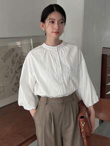 DAZY 素色前紐扣燈籠袖襯衫 - 白色 - 查看 7