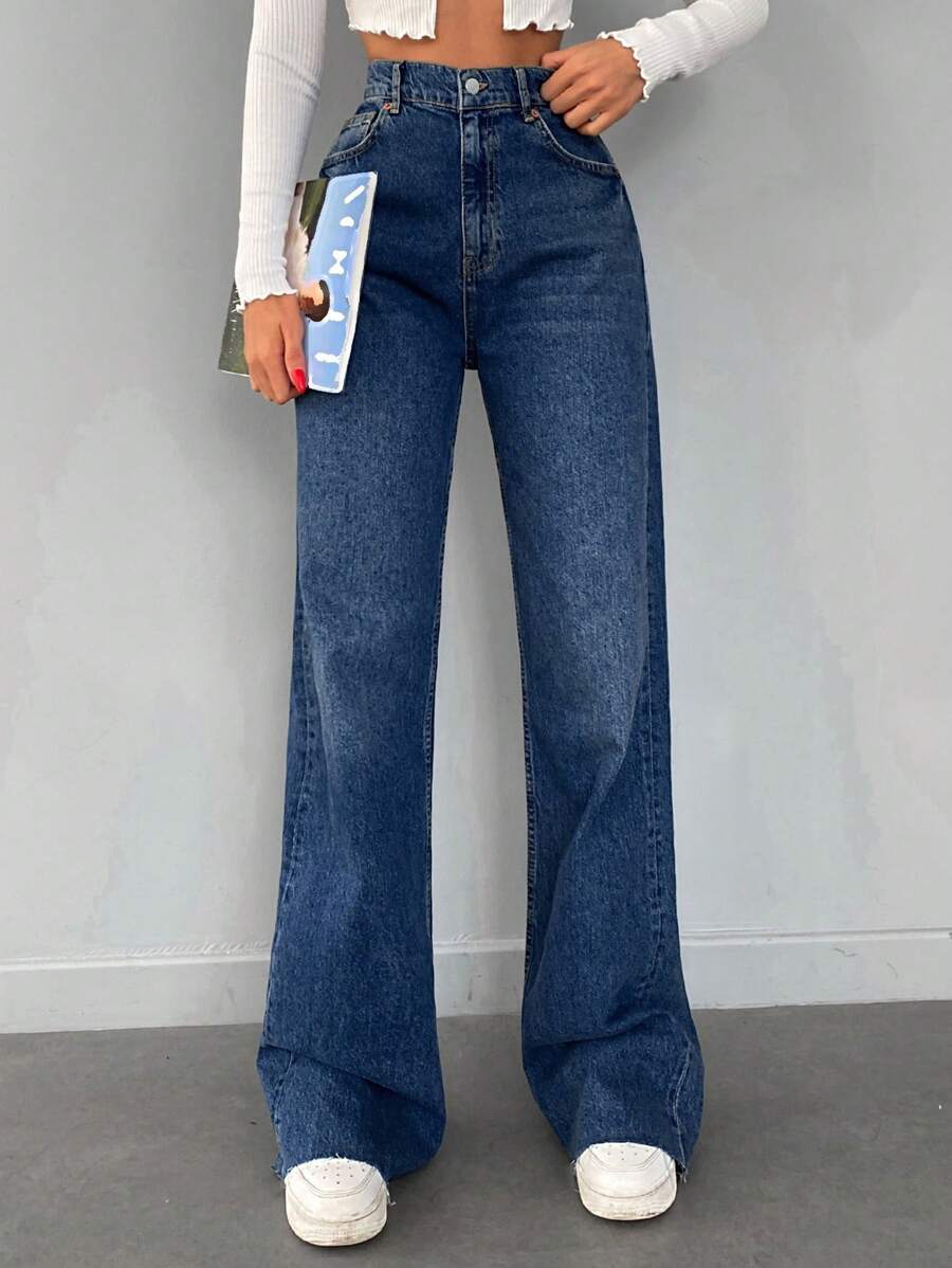 EURMUSE Jeans unicolor de pierna ancha - Azul lavado oscuro - Ver 1