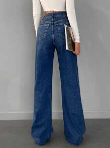 EURMUSE Jeans unicolor de pierna ancha - Azul lavado oscuro - Ver 2