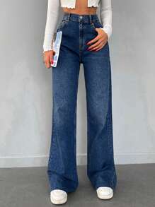 EURMUSE Jeans unicolor de pierna ancha - Azul lavado oscuro - Ver 3