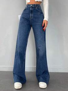 EURMUSE Jeans unicolor de pierna ancha - Azul lavado oscuro - Ver 4