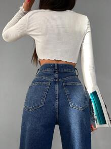 EURMUSE Jeans unicolor de pierna ancha - Azul lavado oscuro - Ver 5