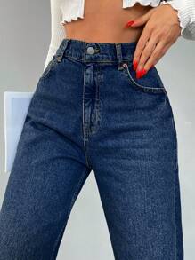 EURMUSE Jeans unicolor de pierna ancha - Azul lavado oscuro - Ver 6