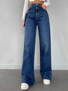 EURMUSE Jeans unicolor de pierna ancha - Azul lavado oscuro - Ver 7