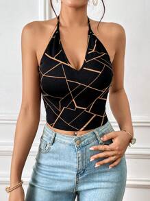SHEIN Essnce Geo Print Backless Halter Top