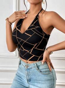 SHEIN Essnce Geo Print Backless Halter Top