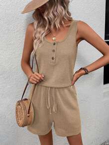 SHEIN LUNE 休閒鈕扣 抽繩 前紐扣純色女士連體褲 - 駝色 - 查看 1