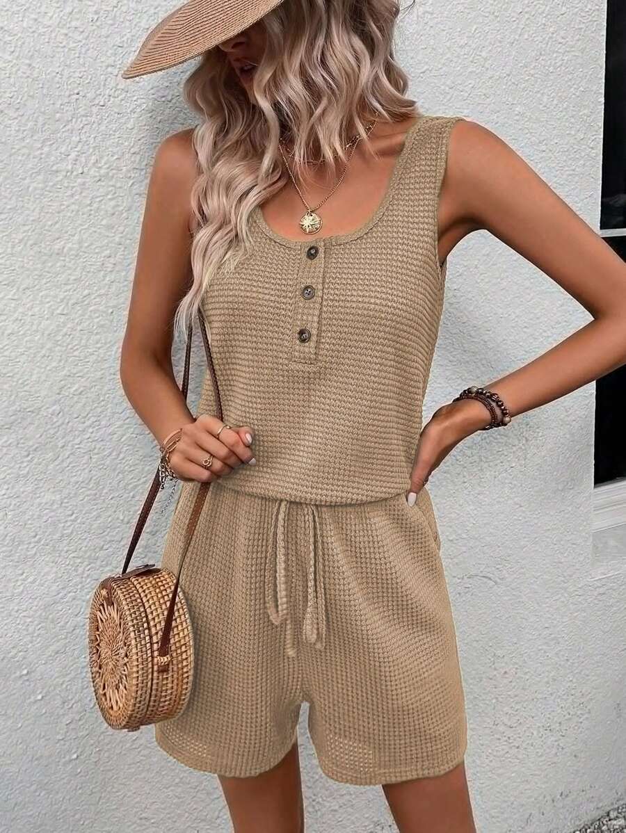 SHEIN LUNE 休閒鈕扣 抽繩 前紐扣純色女士連體褲 - 駝色 - 查看 1