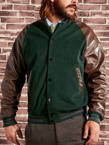 Manfinity VCAY 男士過大對比pu皮革瑞格蘭袖飛行外套 - 彩色 - 查看 1